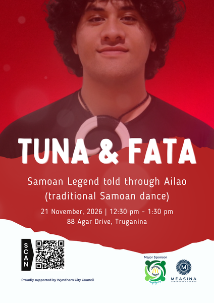 Promotional poster for a performance titled 'TUNA & FATA', featuring a portrait of a man against a red background, with event details in white text and sponsor logos at the bottom.
