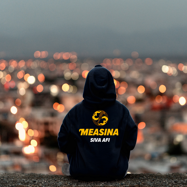 Measina Siva Afi Logo on back of black hoodie